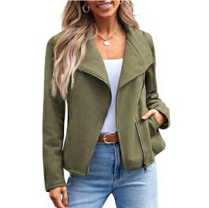 Women Faux Leather Cropped Open Front Coat Cardigan Style Jacket Tan